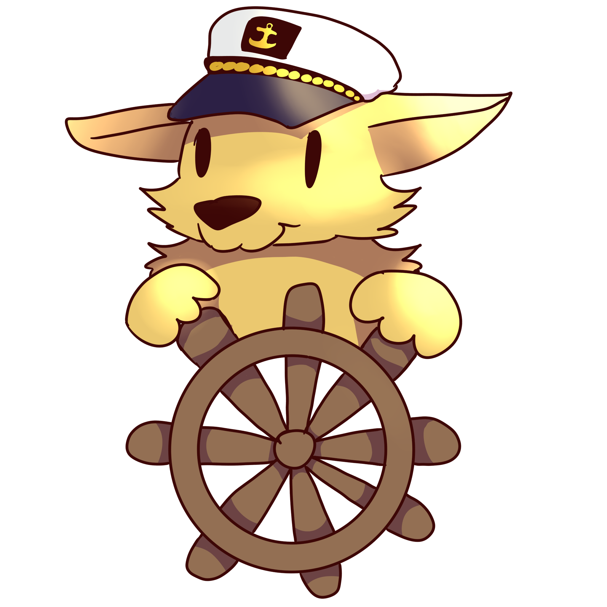 a yellow fox at a helm wearing a captain's hat